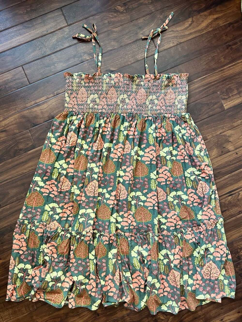 Kate Quinn Women's Smocked Tie Strap Tiered Prairie Midi Dress Boho Fairy Nature - Picture 8 of 11